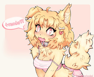 accessory anthro bell bell_collar blush bodily_fluids breasts chest_tuft cleavage clothed clothed_anthro clothed_female clothing collar cute_fangs drooling fangs female female_anthro fluffy fur hair hair_accessory jewelry off_shoulder open_mouth pink_eyes saliva saliva_string simple_background solo speech_bubble tail tan_body tan_fur tan_hair teeth tongue tuft white_background bezimotodol canid canine canis domestic_dog mammal 2025 digital_media_(artwork) hi_res