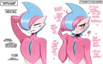 2024 blue_hair blush dialogue english_text femboy gallade generation_4_pokemon hair hi_res looking_at_viewer male nintendo pink_body pink_hair pokemon pokemon_(species) saltyxodium simple_background solo text white_background