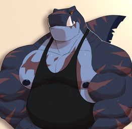 anthro biceps black_clothing black_nipples black_sclera black_shirt black_topwear clothed clothing dorsal_fin eye_scar facial_scar fangs fin gills grey_body male musclegut muscular muscular_anthro muscular_arms muscular_male nipples non-mammal_nipples notched_fin orange_eyes pecs revealing_shirt revealing_tank_top scar scars_all_over serious shirt simple_background skimpy solo tank_top teeth topwear undersized_clothing undersized_topwear same22shark nelson_(same22shark) aquatic fish shark 2022 digital_media_(artwork) half-length_portrait hi_res portrait