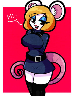 absolute_territory anthro belt big_breasts black_belt black_clothing black_dress black_eyes black_nose blue_eyeshadow border breasts buckteeth clothing dress eyelashes eyeshadow female fur hair half-closed_eyes hands_behind_back inner_ear_fluff lips lipstick makeup monotone_body monotone_fur narrowed_eyes open_mouth pink_tail red_background red_lips red_lipstick short_hair simple_background smile solo standing tail teeth text thick_thighs tuft white_body white_border white_fur diego_mejia mammal mouse murid murine rodent character_request english_text
