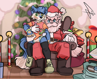 ageplay anthro band-aid bandage beard belt blue_body blue_eyes blue_fur blue_hair bottomwear chair christmas_clothing christmas_headwear clean_diaper clothed clothing coat costume diaper duo facial_hair fur furniture gloves green_eyes hair handwear hat headgear headwear holidays infantilism inner_ear_fluff littlepawz_(diaper) male on_lap pacifier pacifier_clip pants red_bottomwear red_clothing red_coat red_hat red_headwear red_pants red_topwear roleplay santa_costume santa_hat shirt sitting sitting_on_lap t-shirt topwear tuft wearing_diaper white_body white_fur white_hair bewskyss abuniverse christmas littlepawz canid canine canis domestic_dog humanoid husky mammal nordic_sled_dog spitz hi_res signature
