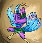 anthro avian_feet beak biped blue_body clothing feathered_crest feathered_wings feathers green_eyes head_crest male pink_body scarf tail tail_feathers winged_arms wings gyrotech scruffasus gyro_feather avian bird galliform peafowl phasianid hi_res