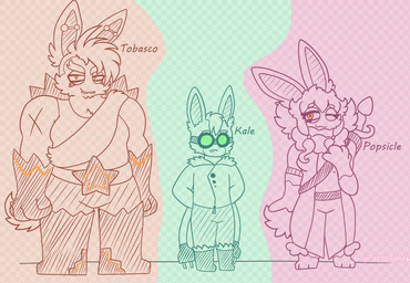 3_toes 4_fingers anthro arm_scar barbell_piercing barefoot belt_buckle boots bottomwear buckle buckteeth checkered checkered_background closed_smile clothed clothed_anthro clothed_female clothed_male clothing coat ear_tuft eyebrows eyelashes eyewear feet female fingers fluffy fluffy_tail footwear fully_clothed fully_clothed_anthro fully_clothed_female fully_clothed_male goggles green_boots green_clothing green_coat green_eyewear green_footwear green_goggles green_hair green_topwear group hair hands_behind_back larger_anthro larger_female male melee_weapon mouth_closed narrowed_eyes one_eye_closed orange_body orange_boots orange_bottomwear orange_clothing orange_eyes orange_footwear orange_pants orange_shirt orange_tail orange_tank_top orange_topwear pants pattern_background piercing pink_bottomwear pink_clothing pink_hair pink_pants pink_tail plug scar scut_tail shirt shoes short_hair short_tail simple_background size_difference smaller_anthro smaller_female smaller_male smile smiling_at_viewer squint standing sword sword_on_back tail tank_top teeth text thick_eyebrows toes topwear trio tuft weapon weapon_on_back x_scar gaypastabake mario_plus_rabbids_sparks_of_hope raving_rabbids rayman_(series) ubisoft fan_character kale_(gaypastabake) popsicle_(gaypastabake) tobasco_(gaypastabake) lagomorph mammal rabbid 2024 artist_name character_name digital_drawing_(artwork) digital_media_(artwork) english_description english_text hi_res story story_in_description nonbinary_(lore)