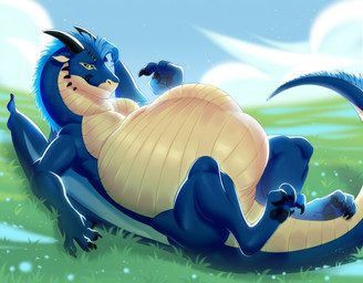 2_horns abdominal_bulge black_claws black_pawpads black_tongue blue_body blue_hair claws day feral feral_pred forked_tongue grass hair horn licking licking_lips lying male male_pred membrane_(anatomy) membranous_wings on_back on_grass on_ground pawpads plant sky solo tail tongue tongue_out vore wings yellow_body yellow_eyes orca24a mythology dragon mythological_creature mythological_scalie scalie 2023 colored digital_drawing_(artwork) digital_media_(artwork) hi_res shaded