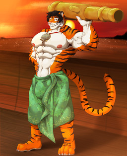 anthro barefoot big_muscles biped black_hair bulge cannon cloth clothed clothing feet fur hair hand_on_hip holding_object huge_muscles hyper hyper_muscles jewelry male muscular muscular_anthro muscular_male navel nipples orange_body orange_fur pendant plantigrade pose ranged_weapon sea short_hair sky solo standing striped_body striped_fur stripes sunset tail topless towel vein veiny_muscles water weapon white_body white_fur yellow_eyes croiyan hashim_(character) felid mammal pantherine tiger hi_res warm_colors