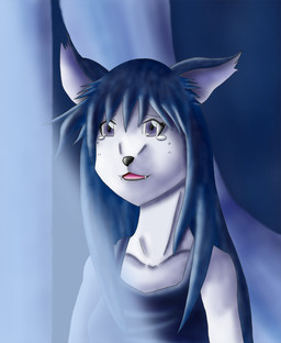 anthro black_hair black_nose bodily_fluids clothed clothing curtains fangs female hair sad solo tears teeth wind kisuzu_rumina studio_chizu wolf_children yuki_(wolf_children) canid canine canis mammal wolf hi_res