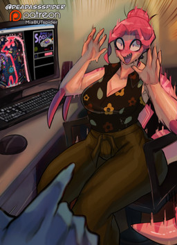 5_fingers ambiguous_gender ambiguous_pov anthro arm_spikes big_breasts blue_eyeshadow bodily_fluids bottomwear breasts brown_bottomwear brown_clothing brown_pants caught caught_off_guard cleavage clothed clothing computer computer_mouse curvy_figure desk dorsal_frill duo elbow_spikes electronics eyelashes eyeshadow female fingers first_person_view frill_(anatomy) furniture gesture glistening glistening_body glistening_scales hair hair_bun hand_gesture huge_hips huge_thighs keyboard long_tail makeup multicolored_body multicolored_scales open_mouth pants patreon_logo pink_body pink_hair pink_scales pointing purple_eyes red_body red_scales red_stripes scales sharp_teeth spikes spikes_(anatomy) striped_body striped_scales stripes sweat sweatdrop table tail tan_body tan_scales teeth text thick_thighs voluptuous voluptuous_anthro voluptuous_female wide_hipped_anthro wide_hipped_female wide_hips deadassspider cavemanon_studios full_tilt_pinball patreon snoot_game callie_(snoot_game) allosauroid carcharodontosaurid concavenator dinosaur prehistoric_species reptile saurischian scalie theropod 2025 absurd_res artist_name digital_drawing_(artwork) digital_media_(artwork) hi_res watermark