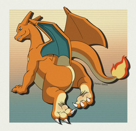 2_horns 3_toes anthro blue_eyes butt claws feet fire happy horn looking_at_viewer male orange_arms orange_body orange_face orange_feet orange_hands orange_legs simple_background smile smiling_at_viewer solo tail teeth text toe_claws toes wings yellow_soles darlan_space game_freak nintendo pokemon charizard generation_1_pokemon pokemon_(species) 2026 artist_name digital_drawing_(artwork) digital_media_(artwork) signature