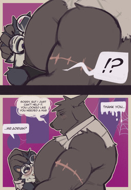 2_panel_comic anthro arm_scar belly between_pecs big_muscles big_nipples big_pecs black_body black_clothing black_fur black_shirt black_tank_top black_topwear blush bone clothing dialogue duo eyewear fur glasses head_between_pecs hug huge_muscles huge_nipples huge_pecs inside larger_male looking_at_another male male/male musclegut muscular muscular_anthro muscular_male nipples pec_smothering pecs purple_eyes scar shirt simple_background size_difference skull smothering speech_bubble tank_top text topwear king_slabu adrian_(king_slabu) nolan_(king_slabu) american_opossum canid canine canis domestic_dog mammal marsupial virginia_opossum absurd_res comic compression_artifacts digital_media_(artwork) english_text hi_res
