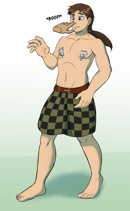 ambiguous_gender barefoot boop bottomwear brown_hair clothing disembodied_hand duo feet hair human_only kilt long_hair male navel nose_boop not_furry ponytail simple_background standing tattoo white_background oter tharkis human mammal 2019 hi_res