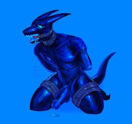 anthro ball_gag bdsm black_body blue_light bodily_fluids bondage bound chain collar colored_teeth cuff_(restraint) drooling gag genital_fluids genitals hands_behind_back humanoid_genitalia humanoid_penis latex leaking_precum male open_mouth penis precum restraints saliva saliva_string solo thigh_cuffs hotmeatcat69420 mythology dragon living_latex mythological_creature mythological_scalie scalie hi_res