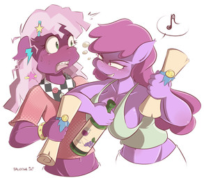 alcohol anthro anthrofied beverage big_breasts braces breasts cleavage clothed clothing duo female food fur green_eyes hair liquor midriff pink_body pink_eyes pink_fur pink_hair scroll suggestive wine young balooga friendship_is_magic hasbro my_little_pony berry_punch_(mlp) cheerilee_(mlp) earth_pony equid equine horse mammal pony 2013 hi_res