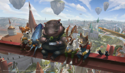 anthro barefoot beak beam_(structure) belt black_body blue_body brown_body brown_fur building castle city clock clothing cloud day detailed_background feet feral floating_island fur grey_body grey_fur group high_place lunch lunchbox male outside overalls red_clothing red_shirt red_topwear river shirt sitting smile standing tentacles topwear tower watch white_clothing white_shirt white_topwear wristwatch rudy_siswanto lunch_atop_a_skyscraper starcitygames aquatic avian bird canid canine canis cephalopod coleoid common_hippopotamus decapodiform domestic_cat domestic_dog felid feline felis hippopotamid lagomorph leporid mammal mollusk rabbit squid 2018 digital_media_(artwork) english_description inspired_by_formal_art official_art
