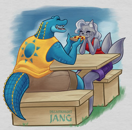 2_tails anthro arm_support arms_bent barefoot bent_legs black_nose blue_body blue_claws blue_scales blue_sky blue_tail bottomwear brown_bottomwear brown_clothing brown_shorts claws clothed clothed_anthro clothed_female clothed_male clothing day duo eating eating_food eyebrows eyelashes feeding_partner feet female female_anthro finger_claws food fully_clothed fully_clothed_anthro fully_clothed_female fully_clothed_male furniture grass grey_tail hair happy holding_food holding_object holding_pizza inner_ear_fluff interspecies larger_anthro larger_male leaning_on_elbow leaning_on_table light long_hair male male/female male_anthro multi_tail open_mouth open_smile orange_clothing orange_shirt orange_tank_top orange_topwear outside picnic_table pink_tongue pizza pizza_slice plant purple_bottomwear purple_clothing purple_shorts red_clothing red_shirt red_tank_top red_topwear romantic romantic_couple scales scuted_tail scutes sharp_teeth shirt shorts size_difference sky smaller_anthro smaller_female smile table tail tank_top teeth text thick_thighs tongue topwear tuft wavy_hair white_eyebrows white_hair white_inner_ear_fluff yellow_scutes dreamknightjang azraelle_(tertia) nathile_tiduna alligatorid azurlligator canid canine canis crocodilian mammal reptile scalie wolf 2025 absurd_res artist_name colored digital_drawing_(artwork) digital_media_(artwork) english_description hi_res huge_filesize lighting shaded