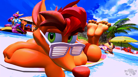 anthro ball barefoot beach beach_ball beach_umbrella beard bedroom_eyes beverage big_butt big_teeth bikini_thong black_hair blue_clothing blue_thong blue_underwear bottomwear breasts butt cabin clothed clothing container cooler cup day detailed_background eyebrows eyewear facial_hair feet footwear fur glasses gun hair handgun horn hut inflatable inflatable_toy island light loincloth loincloth_only looking_at_viewer male mohawk muscular narrowed_eyes nipples orange_body orange_fur orange_wings palm_tree parasol party_glasses pistol plant purple_body purple_skin ranged_weapon raygun red_body red_clothing red_fur red_hair red_thong red_underwear sandals seducing_viewer seductive shirt shoes sky skyscape solo sunglasses sunlight sunny sunscreen sunscreen_on_butt surfboard swimwear thick_eyebrows thong topless topwear tree underwear weapon wings yellow_body yellow_horn michmachape activision crash_bandicoot_(series) mythology spyro_the_dragon crash_bandicoot crunch_bandicoot doctor_neo_cortex evil_crash spyro tiny_tiger trash_bandicoot bandicoot dasyuromorph dragon human humanoid mammal marsupial mythological_creature mythological_scalie recently_extinct_species reptile scalie thylacine 3d_(artwork) digital_media_(artwork) hi_res