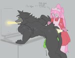 anthro back_muscles balls bent_over biceps black_body black_fur bone butt clothed clothed_anthro clothed_female clothing dialogue dress duo empty_eyes eyewear female flashlight fur furry_logic genitals glasses green_balls green_eyes green_penis grey_background hair holding_flashlight holding_object humanoid_genitalia humanoid_penis humor legwear long_hair long_sleeves maid_headdress male multicolored_clothing multicolored_dress nude nude_anthro nude_male penis pink_body pink_ears pink_fur pink_hair pink_tail red_clothing red_dress round_glasses shaking simple_background skull skull_head stockings tail tail_grab talking_to_another text trembling two_tone_clothing two_tone_dress white_clothing white_dress white_legwear white_stockings white_text kogito monster_energy ambiguous_species canid canine mammal skulldog_(species) 2025 absurd_res english_text hi_res male_(lore)