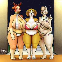 3_toes 4_fingers aged_up anthro areola big_breasts biped blush bra breasts christmas_decorations christmas_lights clothing fake_antlers fake_horns feet female fingers front_view fur genitals grey_body grey_fur group holidays navel nervous nipples nude orange_body orange_fur overweight panties slightly_chubby smile standing thick_thighs toes tongue tongue_out trio underwear vulva yellow_body yellow_fur alexnik bluey_(series) christmas bingo_heeler honey_(bluey) judo_(bluey) australian_cattle_dog beagle canid canine canis cattledog chow_chow domestic_dog herding_dog hunting_dog mammal pastoral_dog scent_hound spitz 1:1 2025 absurd_res digital_media_(artwork) hi_res