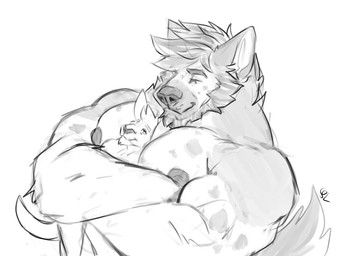 anthro beard between_pecs big_muscles big_pecs crossed_arms duo facial_hair hair holding_another macro male micro mouth_closed muscular muscular_anthro muscular_male narrowed_eyes nipples nude pecs short_hair simple_background size_difference tail solaxe_(artist) reirun solaxe canid canine canis domestic_dog kangaroo macropod mammal marsupial 4:3 monochrome sketch