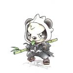 ambiguous_gender anthro bamboo bamboo_stick biped black_body black_fur clothing cosplay costume evolutionary_family footwear fur hoodie jacket leaf pokemon_costume sandals shoes smile solo topwear white_body white_fur itsbirdyart nintendo pokemon bear generation_6_pokemon giant_panda mammal pancham pangoro pokemon_(species) 1:1 colored_pencil_(artwork) traditional_media_(artwork)