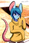 anthro blue_body blue_fur blue_hair clothed clothing femboy fur gesture hair hairless_tail hand_gesture hand_on_face long_sleeves looking_at_viewer male pink_eyes smile solo sweater topwear yellow_clothing nikku_lunatique mammal mouse murid murine rodent hi_res