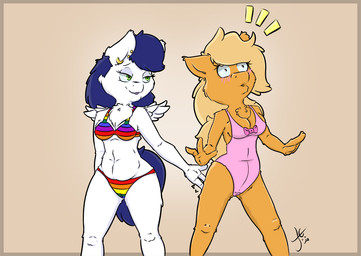 3_fingers anthro back_wings bikini biped blue_hair breasts chest_tuft cleavage clothed clothed_anthro clothed_female clothing duo ear_piercing ear_ring emanata female female/female female_anthro fingers front_view fully_clothed fully_clothed_anthro fully_clothed_female fur green_eyes hair half-closed_eyes looking_at_another monotone_body monotone_fur narrowed_eyes one-piece_swimsuit orange_body orange_fur piercing rainbow_bikini ring_piercing short_snout simple_background slightly_chubby slightly_chubby_anthro slightly_chubby_female small_wings snout standing surprised swimwear tuft two-piece_swimsuit white_body white_fur wings wetfluff fluffy_pony fluffy_pony_(species) mammal digital_drawing_(artwork) digital_media_(artwork) signature