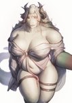 absurd_res breasts clothing dragon female half_naked hi_res horn miyuhuan_(moaoxnx) moaoxnx mythological_creature mythological_scalie mythology overweight scalie slightly_chubby solo white_body white_clothing yellow_eyes