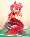 alternate_species alternate_universe anthro arm_support black_nose dorsal_fin eyelashes female fin fish_tail green_eyes hair legless long_eyelashes long_hair looking_at_viewer mermaid_tail mermaidification midriff on_rock pink_body pink_hair pink_scales red_body red_scales red_tail rock sand scales sea sitting sitting_on_rock smile solo split_form tail tail_fin water spacecolonie sega sonic_the_hedgehog_(series) amy_rose eulipotyphlan hedgehog hybrid mammal marine merfolk merhog 2014