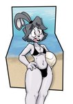 beach bikini buckteeth bulge clothed clothing crossdressing femboy fur grey_hair hair male open_mouth ponytail red_eyes solo sport swimwear teeth two-piece_swimsuit volleyball white_body white_fur bav vab_(bav)