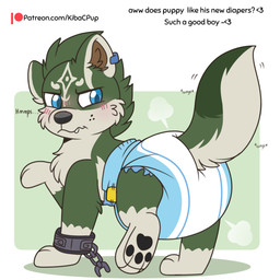 ambiguous_gender black_nose black_pawpads blush blush_lines brown_inner_ear_fluff clean_diaper clothed clothing cloud_emanata cuff_(restraint) dialogue diaper diaper_only diaper_puff ear_piercing ear_ring emanata facial_markings feral fur gloves_(marking) good_boy green_body green_fur green_tail head_markings head_tuft heart_symbol inner_ear_fluff leg_markings looking_back markings multicolored_body multicolored_fur multicolored_tail narrowed_eyes offscreen_character patreon_logo patreon_username pawpads piercing restraints ring_piercing simple_background snaggle_tooth socks_(marking) solo tail tail_motion tailwag tan_body tan_fur tan_tail text tilde_after_text topless tuft vowelless vowelless_vocalization wavy_mouth wearing_diaper whisker_spots wrist_cuffs kibacpup nintendo patreon the_legend_of_zelda link_(wolf_form) canid canine canis mammal wolf 1:1 english_text full-length_portrait hi_res portrait url