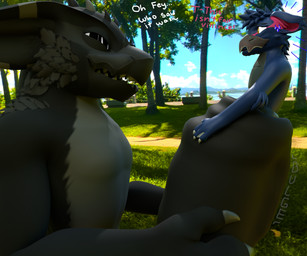 anthro balls big_balls big_penis cock_vore day dialogue duo genitals huge_penis hyper hyper_genitalia hyper_penis larger_pred male male/male partially_inside penile penis size_difference teasing text urethral_bulge vore vikvillince capcom monster_hunter villince flying_wyvern nargacuga 3d_(artwork) 6:5 absurd_res digital_media_(artwork) english_text hi_res