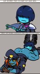 anthro biped blue_body blue_hair blue_skin clothing duo ear_fins female fin grey_background hair hat headgear headscissor headwear male male/female police police_uniform red_hair simple_background text two_panel_image uniform yellow_eyes joe_duncan deltarune undertale_(series) kris_(deltarune) undyne animal_humanoid fish fish_humanoid human humanoid mammal marine marine_humanoid 2024 russian_text translated