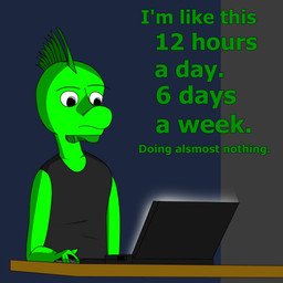 anthro black_eyes computer dark dewlap_(anatomy) electronics furniture green_body green_skin gular_flap male solo spikes table text the_truth unknown_artist iguana iguanid lizard reptile scalie 1:1 english_text