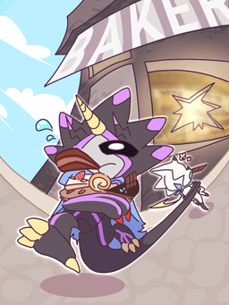anthro black_body black_sclera blue_cape blue_clothing broken_window cake candy cape chocolate claws clothing dessert duo feet food horn kerchief male neckerchief neckwear stealing tail talons toes weapon_tail white_body icykalico bandai_namco digimon digimon_(species) gammamon gulusgammamon 3:4 hi_res