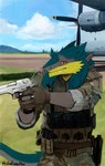 aircraft airplane anthro claws clothing fangs fur green_body green_fur grey_body grey_fur gun handgun male military military_uniform ranged_weapon red_eyes solo tail teeth uniform vehicle weapon yellow_body yellow_fur misterfyrryman brom_(sahurus) sergal absurd_res hi_res