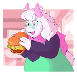 4_fingers anthro belly black_eyebrows black_sleeves burger clothing detailed_background eyebrows eyelashes eyewear fangs femboy fingers floppy_ears food glasses green_clothing green_robe hair holding_burger holding_food holding_object horn male open_mouth open_smile overweight overweight_anthro overweight_male pink_horn pink_scarf restaurant robe round_glasses scarf scut_tail short_tail smile snout solo tail teeth white_hair rekteon deltarune undertale_(series) ralsei bovid caprine darkner mammal 2026 half-length_portrait portrait