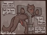 ambiguous_gender anthro balls bodily_fluids butt canid canid_demon canine canis clyde_wolf cum cum_drip cum_in_ass cum_in_mouth cum_inside cum_on_butt cum_on_face cum_on_ground cum_on_leg demon dialogue digital_media_(artwork) dripping english_text erection fur genital_fluids genitals group hair hellhound horn humanoid_genitalia humanoid_penis humiliation kinktober male male_focus mammal mythological_canine mythological_creature mythology nude penis public public_humiliation public_use punishment restraints shy simple_background solo_focus speech_bubble stocks submissive submissive_male tail text