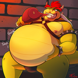 2_horns 4_fingers anthro areola armband belly biceps big_belly biped bodily_noises bottomwear bracelet brick bubble bulge claws clothed clothing collar detailed_bulge different_sound_effects digestion eating eyebrows fangs finger_claws fingers food front_view genital_outline grin hair hand_on_belly harness holding_belly holding_food holding_object horn huge_thighs hungry inside jewelry leather_daddy light male meat motion_lines musclegut muscular muscular_anthro muscular_male nipple_piercing nipples obese obese_anthro obese_male one_eye_closed onomatopoeia overweight overweight_anthro overweight_male pecs penis_outline piercing pink_areola pink_nipples red_eyebrows red_eyes red_hair rumbling_stomach scales sharp_teeth shell skimpy slosh sloshing_belly smile solo sound_effects spiked_armband spiked_bracelet spiked_collar spiked_shell spiked_tail spikes spikes_(anatomy) stuffing tail teeth text thick_thighs underwear ventral_scales white_claws wide_hips tanio mario_bros nintendo bowser koopa reptile scalie 1:1 2016 dated digital_media_(artwork) hi_res lighting shaded signature story story_in_description