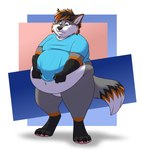 anthro beer_belly belly bottomless clothed clothing confusion male overweight overweight_male shirt shy solo tight_clothing topwear tugging_clothing weight_gain shikakaka reuben_fox canid canine fox grey_fox mammal urocyon absurd_res hi_res