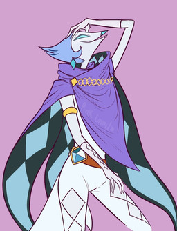 anthro blue_eyes blue_hair bottomwear cape clothing ear_piercing ear_ring fur hair male pants piercing pink_background purple_cape purple_clothing ring_piercing short_hair simple_background smile solo standing white_body white_face white_fur l0mius hellaverse helluva_boss andrealphus_(helluva_boss) avian avian_demon bird demon galliform peafowl phasianid