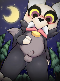 2_fingers 2_horns anthro balls biped black_body black_eyes black_fur black_tail blurred_background blush blush_lines cheek_tuft claw_fingers claws collar collar_only crescent_moon dipstick_tail erection facial_tuft feet fingers foreskin fur genitals grey_balls grey_body grey_fur grey_penis grey_tail_tip horn long_foreskin looking_at_viewer low-angle_view male male_anthro markings moon multicolored_body multicolored_fur multicolored_sclera night nude nude_anthro nude_male penis pink_sclera plant red_collar sky slightly_chubby slightly_chubby_anthro slightly_chubby_male small_penis solo star starry_sky tail tail_markings teeth toe_claws toes tree tuft two_tone_body two_tone_fur two_tone_sclera unretracted_foreskin white_horn yellow_sclera young young_anthro young_male yamausagi0619 disney the_owl_house king_clawthorne canid canid_demon demon mammal titan_(the_owl_house) 2025 absurd_res digital_media_(artwork) hi_res