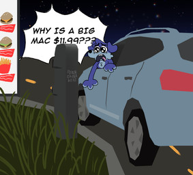 anthro blue_body blue_fur car dialogue drive-thru female fur grass inflation_(economics) inside_car inside_vehicle night outside plant road shocked sign solo star text vehicle trinketbug mcdonald's nissan canid canine canis domestic_dog mammal 2024 digital_media_(artwork) english_text