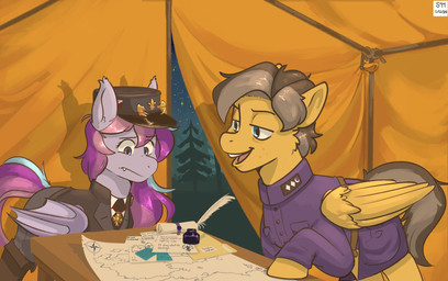 clothing dress_uniform duo female feral furniture letter male map military_uniform open_mouth paper table tent text uniform wings cheetoeater conditional_dnp deepwoken equestria_at_war hasbro hfjone my_little_pony mythology fan_character one_(bfdi) unnamed_character bat_pony equid equine mammal mythological_creature mythological_equine pegasus hi_res watermark