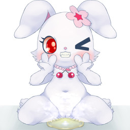 accessory anthro bent_legs blush bodily_fluids double_v_sign female flower flower_accessory flower_hair_accessory fur genital_fluids genitals gesture hair_accessory hand_gesture jewelry loli navel necklace nude one_eye_closed plant red_eyes simple_background sitting sitting_in_urine smile solo spread_legs spreading steam urine urine_pool v_sign vulva wariza watersports white_body white_fur wink young young_anthro bunnag jewelpet sanrio sega sega_fave ruby_(jewelpet) hare japanese_hare lagomorph leporid mammal 1:1 digital_media_(artwork) hi_res shaded