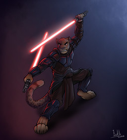 anthro clothing dual_wielding holding_lightsaber holding_object holding_weapon lightsaber looking_at_viewer male melee_weapon red_lightsaber solo standing weapon iztli star_wars iztli_(iztli) felid jaguar mammal pantherine 2015 hi_res signature