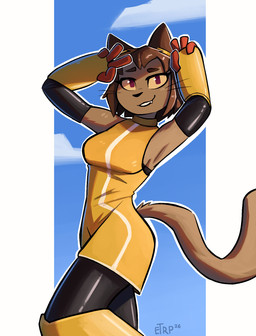 anthro biped bottomwear breasts clothed clothed_anthro clothed_female clothing female fingers front_view fully_clothed fully_clothed_anthro fully_clothed_female fur hair medium_breasts smile solo standing tail teeth topwear whiskers enginetrap gameoverse glitch_productions kit_bodega domestic_cat felid feline felis mammal 2026 digital_drawing_(artwork) digital_media_(artwork) hi_res