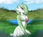 blush breasts female field medium_breasts not_furry pond sitting solo barndog nintendo pokemon gardevoir generation_3_pokemon pokemon_(species) digital_media_(artwork) hi_res