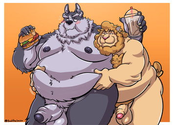 anthro belly belly_grab blush blush_lines duo eating eating_food erection foreskin genitals grey_body male male/male male_anthro nude nude_anthro nude_male obese obese_anthro obese_male overweight overweight_anthro overweight_male penis yellow_body said_the_saisio lifewonders tokyo_afterschool_summoners oliver_baaple tsathoggua_(tas) bovid caprine mammal sheep absurd_res hi_res