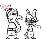 2016 6:5 anthro blush claws clothed clothing crossdressing dialogue digital_media_(artwork) disney duo english_text eyeshadow eyewear fan_character female femboy fur glasses hair hair_over_eye hugh_muskroura inkyfrog lagomorph leporid lipstick makeup male mammal maxine_d'lapin mephitid one_eye_obstructed partially_colored rabbit red_eyeshadow red_lipstick simple_background sketch skunk speech_bubble text white_background zootopia