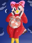 anthro belly big_breasts black_eyes blush breasts cloud eyelashes feathers featureless_breasts featureless_crotch female looking_at_viewer moon navel night nude pink_bow plaid red_body red_feathers shooting_star slightly_chubby slightly_chubby_female solo star thick_thighs wide_hips nojimmyplz animal_crossing nintendo celeste_(animal_crossing) avian bird owl digital_media_(artwork) hi_res