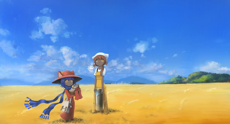 age_difference ambiguous_gender anthro blue_hair blue_scarf blue_sky clothed clothing cloud d6 day dice duo female fully_clothed hair hat headgear headwear holding_object kemono larger_female looking_at_viewer older_female scarf size_difference sky smaller_ambiguous white_clothing yellow_clothing young young_anthro younger_ambiguous tedamairo oneshot niko's_mom_(oneshot) niko_(oneshot) felid feline mammal 2018 hi_res japanese_description mother_(lore) mother_and_child_(lore) parent_(lore) parent_and_child_(lore)